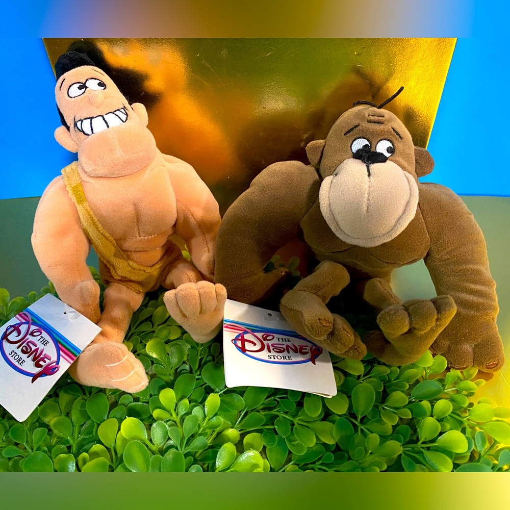 DISNEY STORE NWT VTG 2003 GEORGE OF THE JUNGLE BEAN BAG PLUSH GEORGE & APE 8”